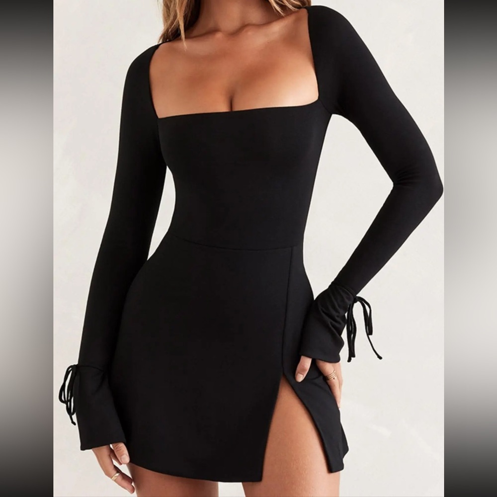Women's Tie Side Long Sleeve Square Neck Split Mini Dress, Elegant Black